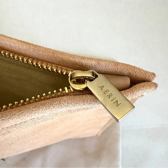 Aerin quiet luxury minimalist suede zip clutch pouch in neutral Sand - Picture 8 of 11